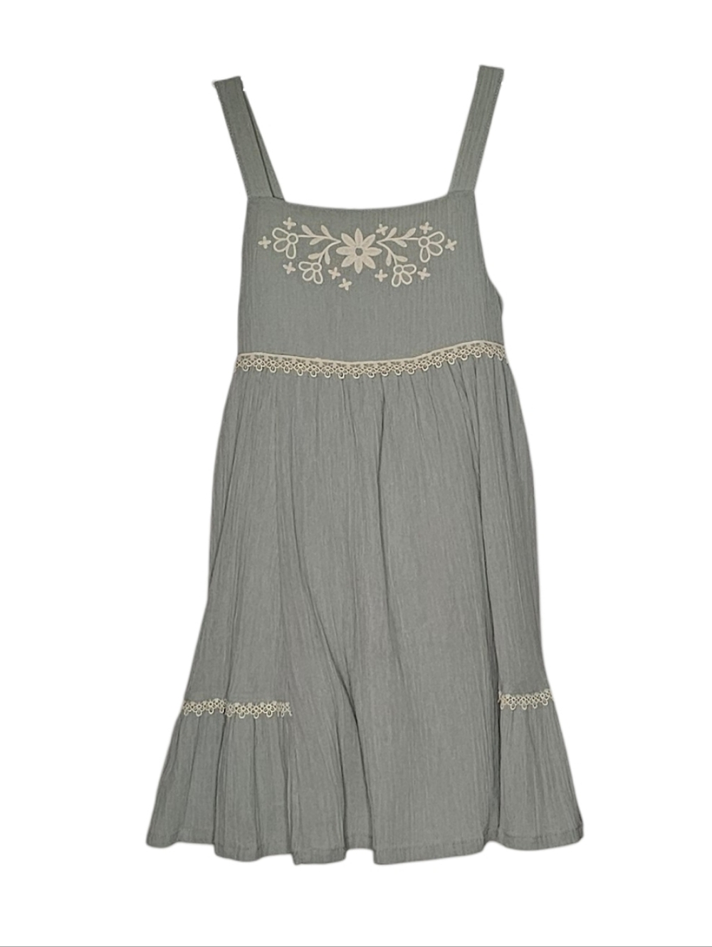 Rachel Zoe Sage Green Crinkled Cotton Apron Dress Cream Embroidered Flowers Lace